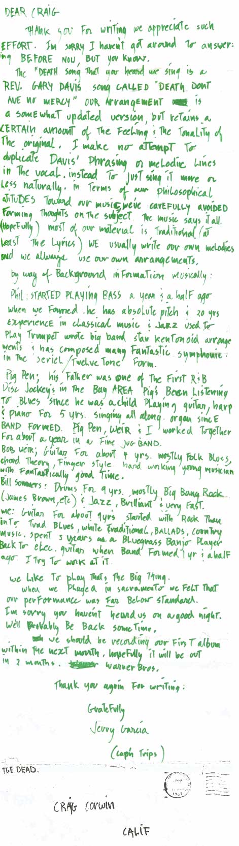 Jerry Garcia's letter to fans | Grateful Dead