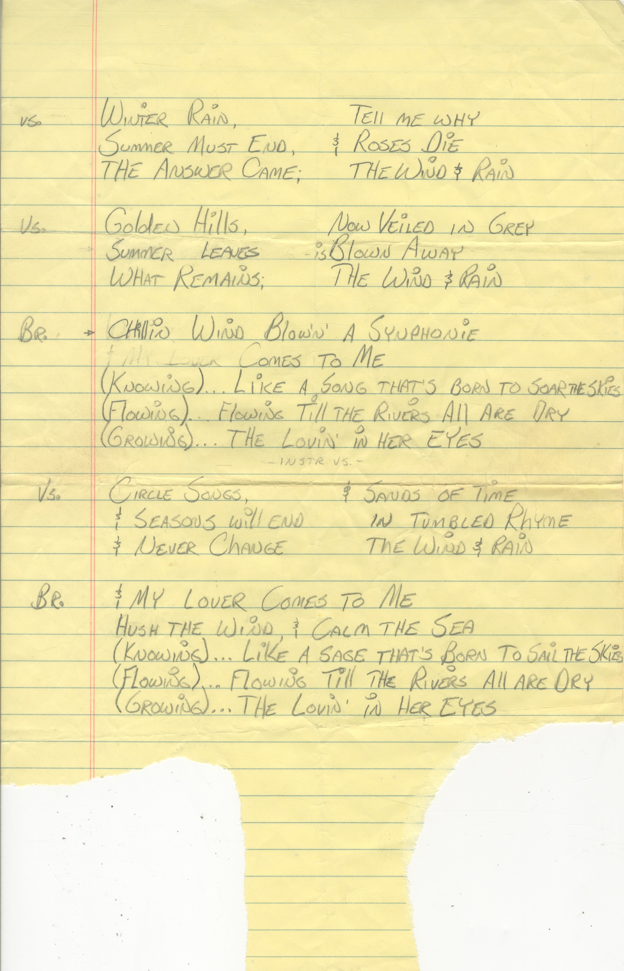 Bob Weir's working draft lyrics for "Weather Report Suite, Part 1"